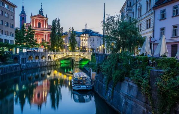 Picture bridge, the city, river, boat, building, home, the evening, lighting