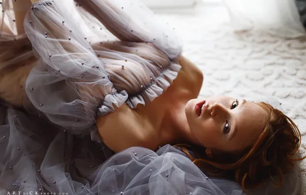 Boobs, window, redhead, bed, no bra, transparency, Stepan Kvardakov, women indoors