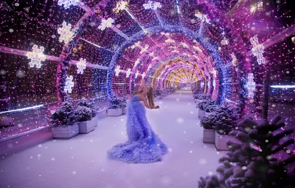 Light, snow, snowflakes, dance, gallery, garland, gesture, evening dress