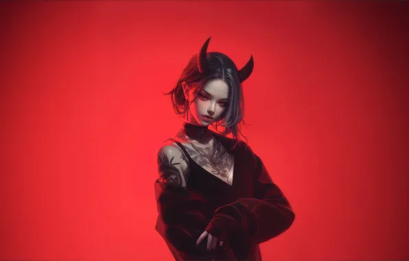 Picture AI Art, AI Generated, Anime, Girl, Tattoo, Anime Girl, Red Background, Horn
