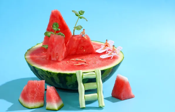 Red, people, girls, rocks, stay, toys, men, watermelon