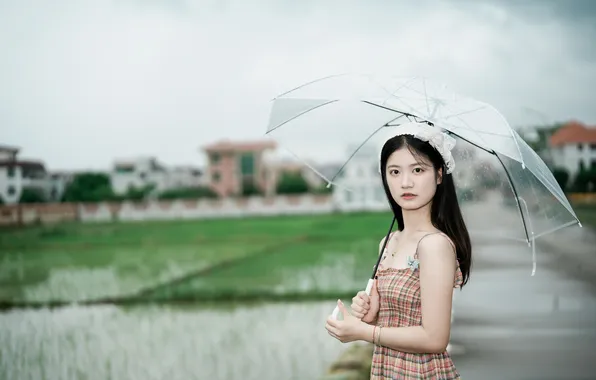 Beautiful, Asian, Model, Water, Smile, Rain, Umbrella, Woman