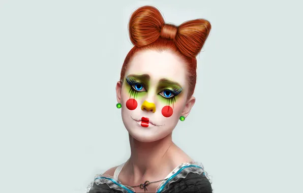 Picture girl, earrings, clown, red hair, bow, seams, Clown