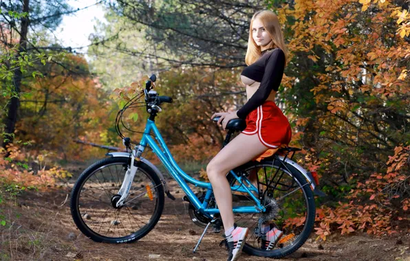 Forest, bicycle, black, hot girl, bike, trees, brown hair, nature