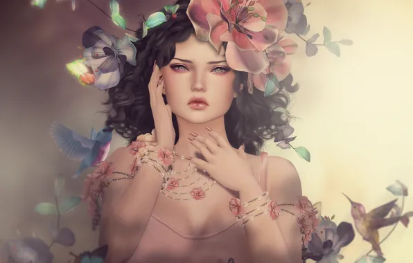 Girl, flowers, birds
