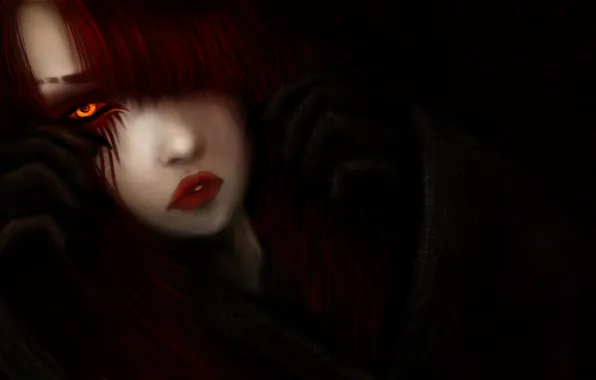 Picture look, girl, hair, art, black background, yellow eyes, red lips, fantatica