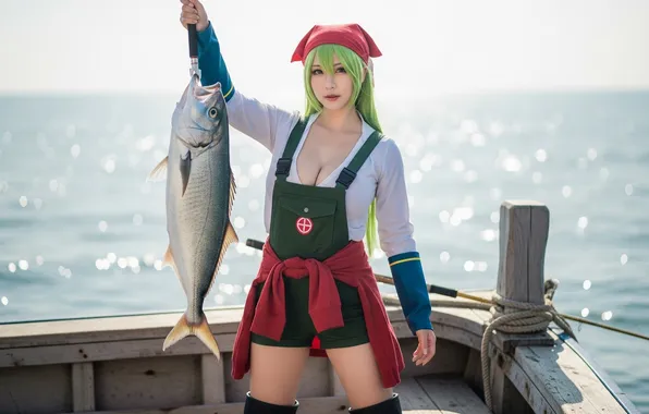 Picture Asian, sea, fish, boat, fisherman, green hair, AI art