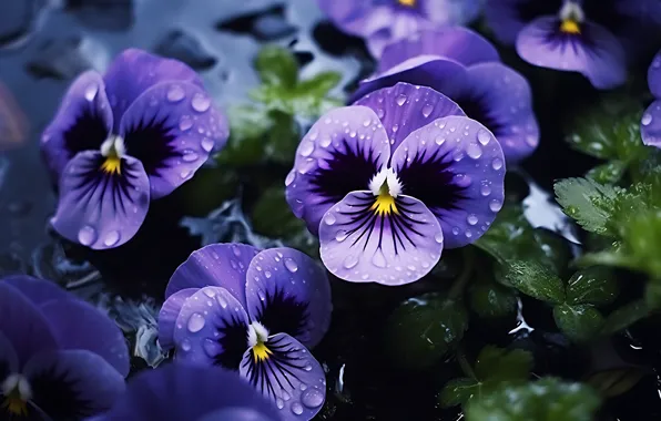 Drops, macro, flowers, Rosa, spring, purple, Pansy, flowerbed