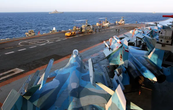 Picture sea, fighter, cruiser, Heavy, Su-33, Ka-29, aircraft carrier, Admiral Kuznetsov