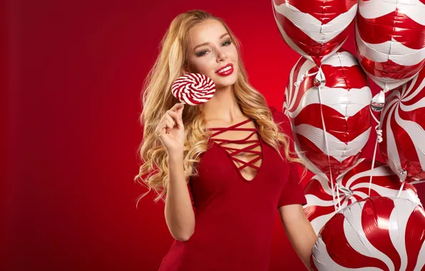 Picture look, girl, makeup, dress, hairstyle, blonde, Lollipop, beautiful, in red, red background, balloons, keeps