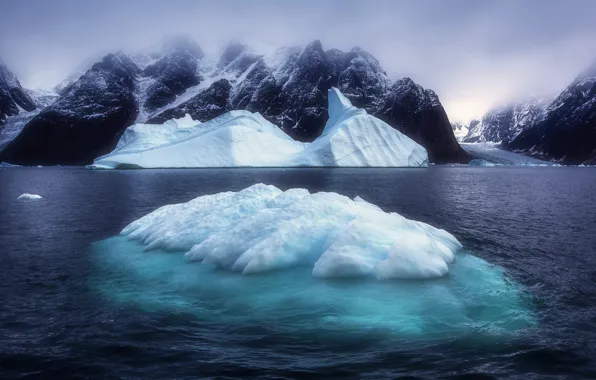 Ice, winter, sea, the sky, mountains, fog, rocks, shore