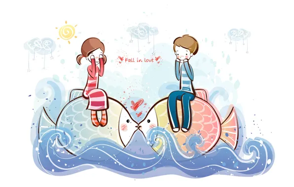 Wave, water, fish, figure, boy, girl, love