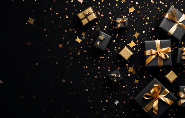Gift, Christmas, gifts, New year, black background, bows, bow, bow