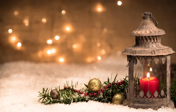 Balls, candle, branch, Christmas, lantern, New year, bokeh