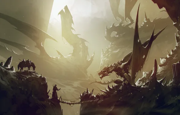 Horse, Dragon, Rocks, Warrior, Gorge, Fantasy, Dragon, Art