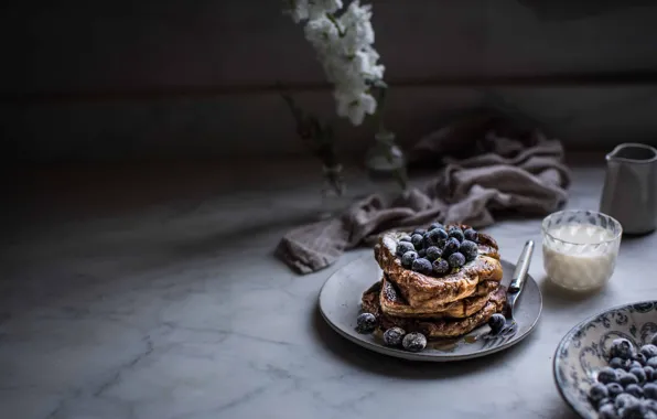 Milk, blueberries, pancake