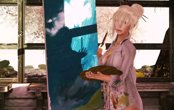 Girl, paint, spot, blots, shirt, workshop, render, easel