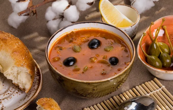 Lemon, cotton, olives, puree, soups