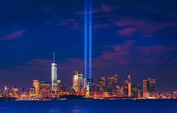 Rays, building, New York, panorama, Bay, statue, bridges, night city