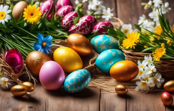 Flowers, eggs, spring, colorful, Easter, happy, flowers, spring