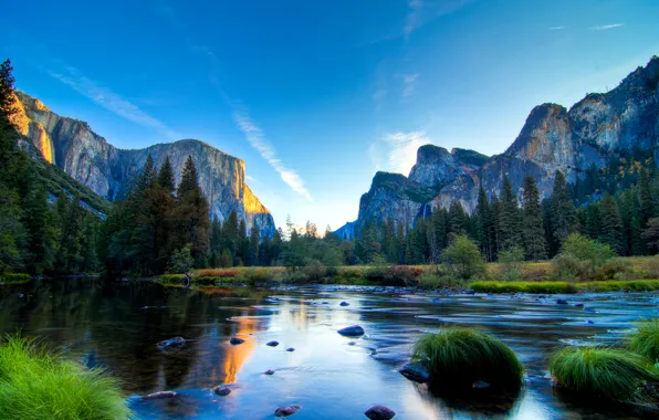 Forest, the sky, mountains, lake, Park, stones, yosemite