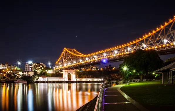 Night, bridge, lights, river, home, Australia, lights, promenade