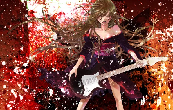 Guitar, Girl, belt, kimono, long hair