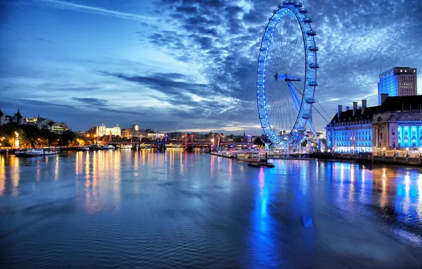 The sky, clouds, lights, river, home, the evening, wheel