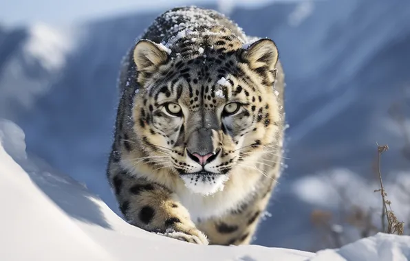 Picture Winter, Look, Snow, Face, Predator, Snow leopard, Digital art, Big cat