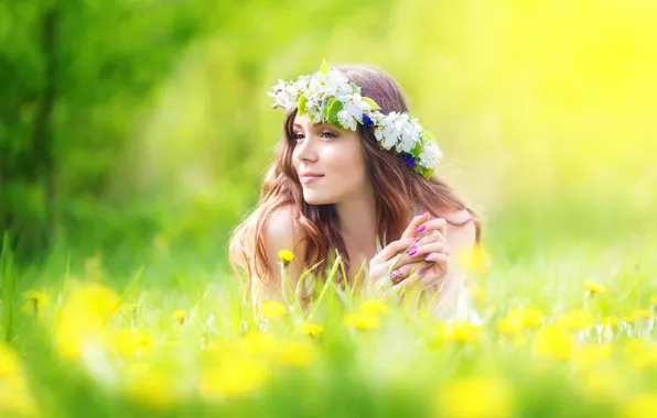 Grass, look, girl, flowers, reverie, brown hair, wreath