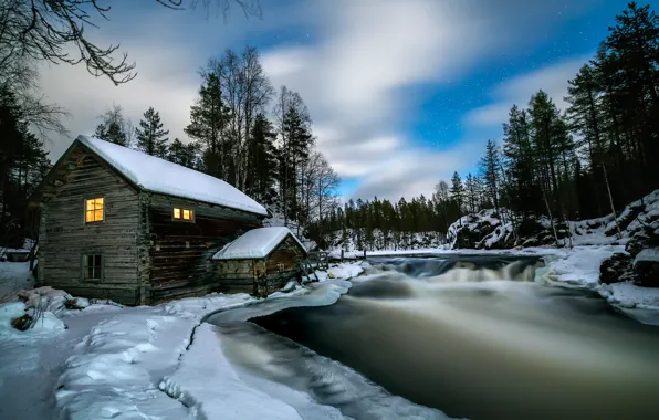 Picture winter, forest, snow, landscape, nature, house, river, the evening