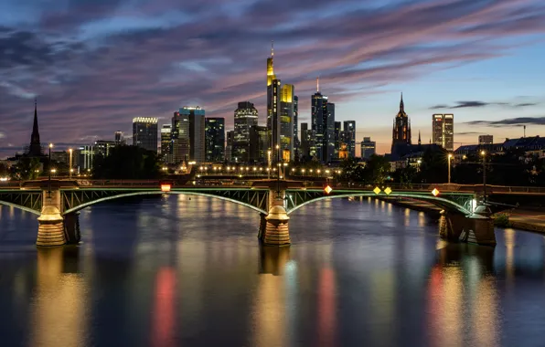 The sky, bridge, lights, river, building, home, the evening, Germany