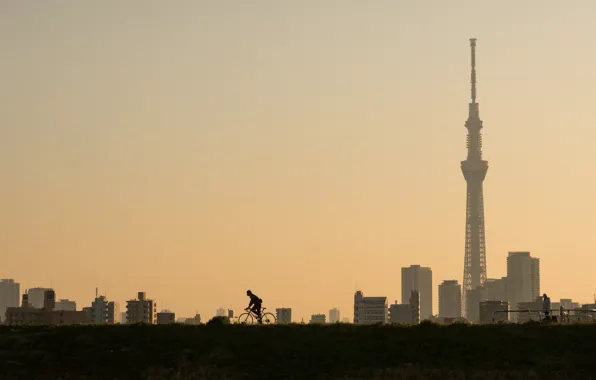 The city, tower, cyclist
