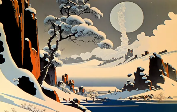 Picture winter, the sun, snow, tree, smoke, Japan, Japan, painting