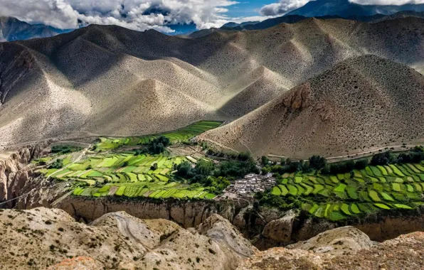 Mountains, field, village, panorama, Nepal