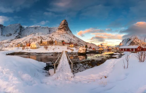 Winter, snow, mountains, Norway, settlement