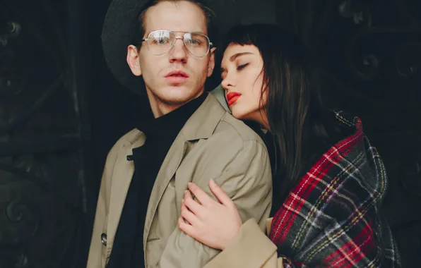 Girl, hat, glasses, pair, guy, plaid, red lips