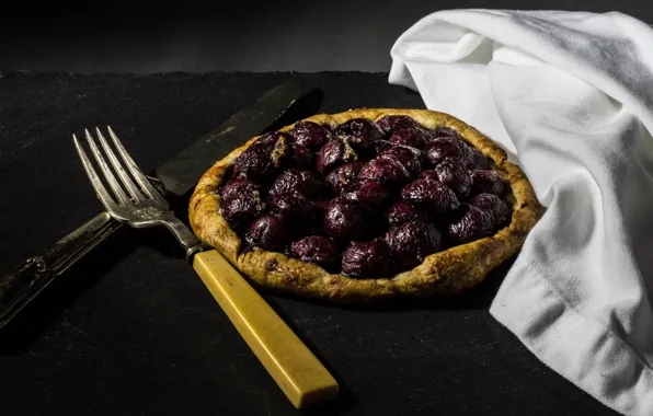 Picture cherry, berries, the dark background, table, white, food, towel, pie