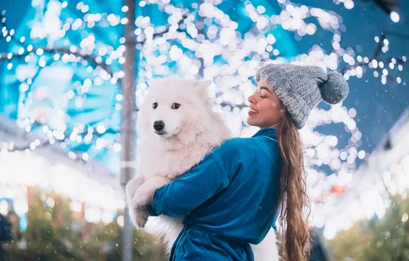 Winter, look, girl, light, snow, the city, lights, pose