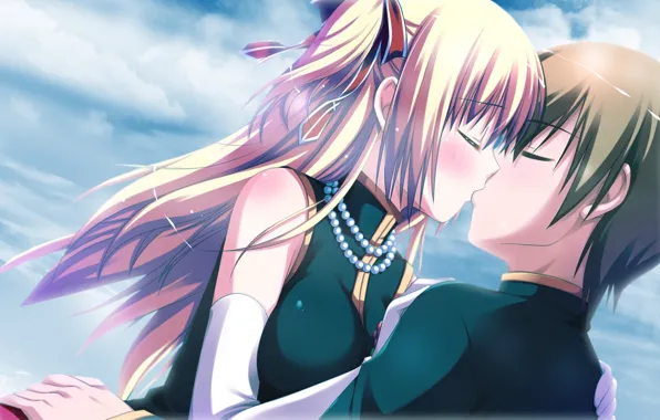 The sky, kiss, beads, blush, two, date, art, closed eyes