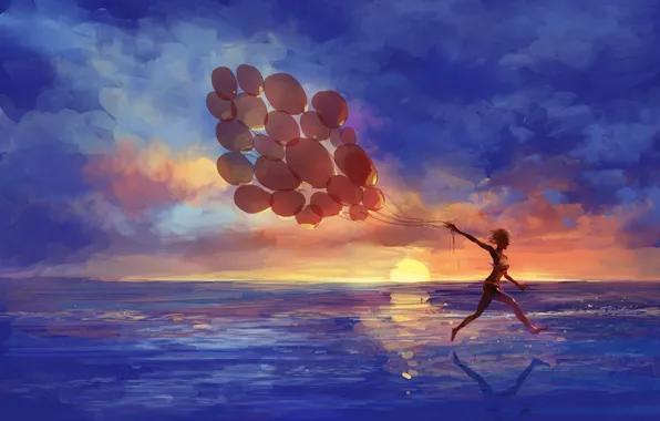 Picture sea, girl, sunset, balloons, emotions, art, running