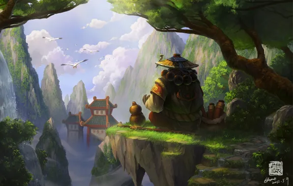Trees, birds, rocks, Asia, height, hat, art, Panda