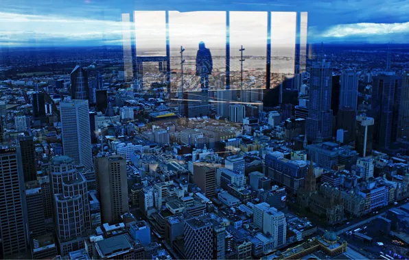 Picture the sky, glass, reflection, building, road, The city, silhouette, overview
