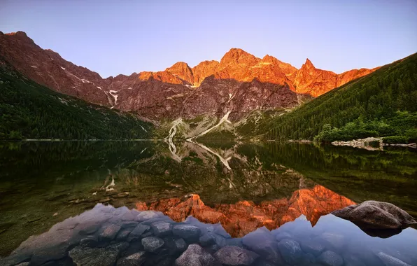 Mountains, lake, morning, Carpathians, Tatras, Morskie Oko