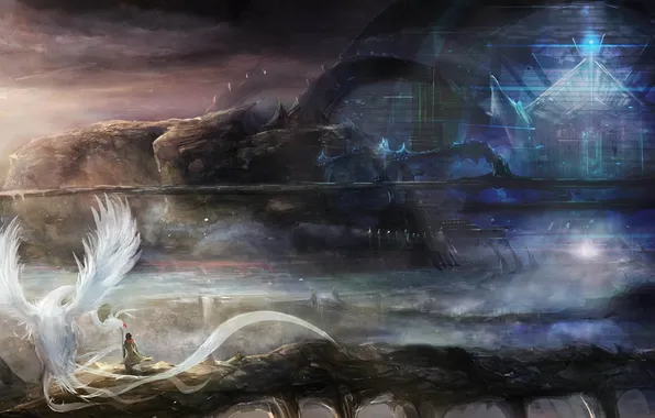 The sky, rocks, bird, people, building, tail