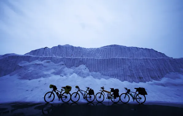 Snow, landscape, bikes