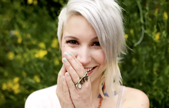 Girl, woman, smile, feathers, model, tattoo, bokeh, laugh