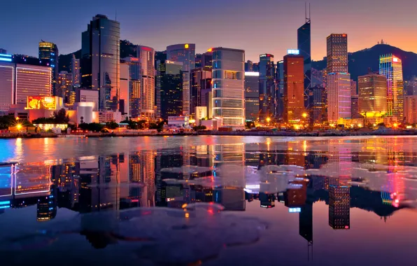 Sunset, lights, building, skyscrapers, the evening, Bay, Hong Kong, hong kong