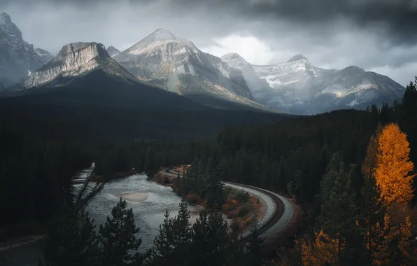 Road, autumn, forest, clouds, snow, mountains, fog, tops