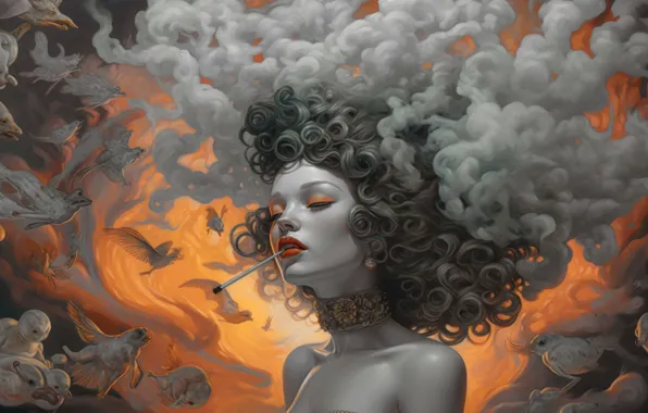 Girl, clouds, light, fish, birds, fire, hair, curls